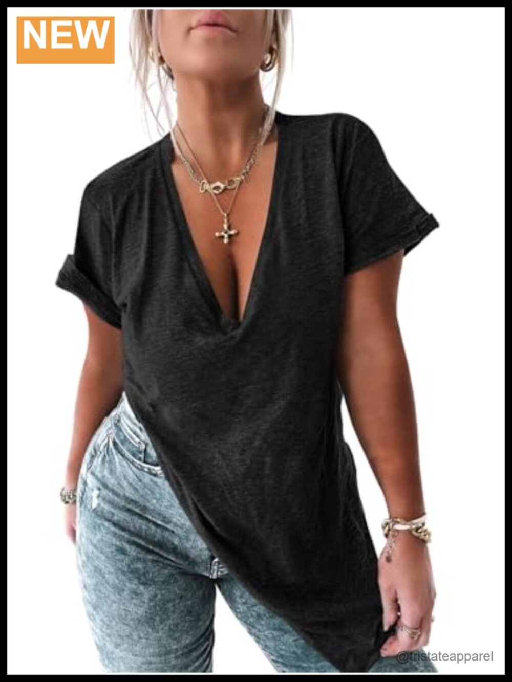 Oversized V Neck Short Sleeve Tunic Tee Curved Hem
